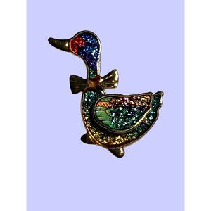Vintage Gold-Tone Duck Brooch With Colorful Glitter Enamel Accents